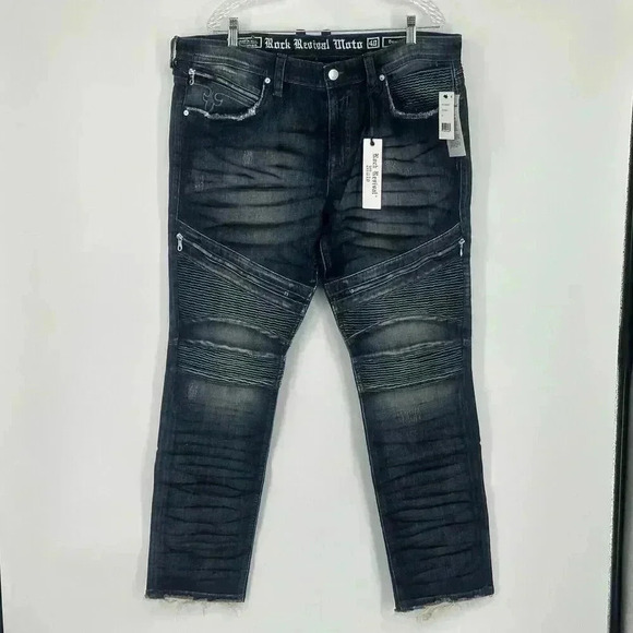 NWT Rock Revival Men's Blue Daviday Moto Stretch Slim Fit Jeans 40x32 - Picture 2 of 16